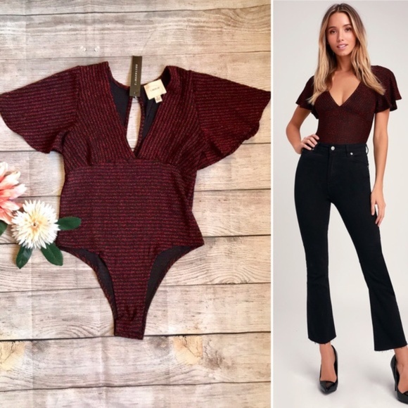 Lulus Tops - I. Madeline Bodysuit Lulu’s Red Striped Sparkly